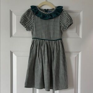 Green Gingham Girls Dress with Ruffled Collar